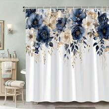 1 Piece Of Elegant Blue Gold Floral Shower Curtain  70x70inch Polyester Bathroom Decoration, Featuring Delicate Rotating Petals And Soft Green Leaf Design, Includes 12 Hooks, Washable, Luxurious Bathroom Decor And Accessories - Multicolor - View 2