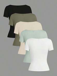 Set de 3 camisetas de punto para mujer, multicolor, camisetas básicas de primavera/verano para mujer, tops ajustados básicos, paquete de tops básicos, tops básicos para mujer, tops de ajuste ceñido, tops básicos, tops de mujer de cuello cuadrado, tops de verano para mujer, tops de manga corta para mujer, tops de verano para mujer, camisetas de mujer - Verde - Ver 2