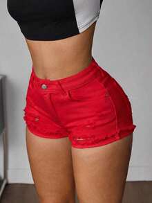 PETITE Shorts mezclilla desgarro bajo crudo - Rojo - Ver 4
