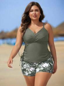 Swim Lushoire Set de 2 piezas de tankini con estampado floral para mujeres de talla grande - Verde militar - Ver 3