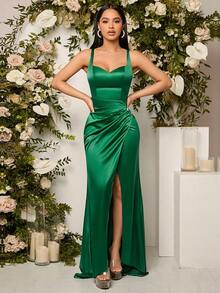Belle Vestido elegante de dama de honor con pliegues lisos, abertura lateral y tirantes ajustables, vestido de gala formal para mujer, vestido para fiesta de graduación, cena o boda - Verde - Ver 7