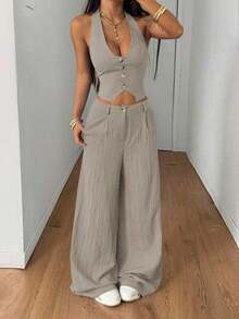 Conjunto de 2 piezas de chaleco y pantalones de unicolor de streetwear para mujer, para verano - Gris - Ver 5
