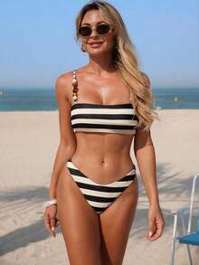 Conjunto de bikini de 3 piezas con tirantes finos, pantalones de pierna ancha y estampado de hojas abstractas de estilo bohemio para mujer, adecuado para vacaciones, playa y verano - Multicolor 2 - Ver 5