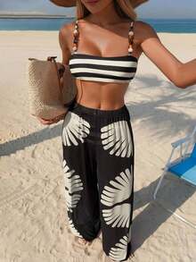 Conjunto de bikini de 3 piezas con tirantes finos, pantalones de pierna ancha y estampado de hojas abstractas de estilo bohemio para mujer, adecuado para vacaciones, playa y verano - Multicolor 2 - Ver 7