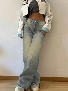Jeans rectos holgados y apilados de estilo vintage para mujer, casuales para primavera - Azul marino - Ver 3