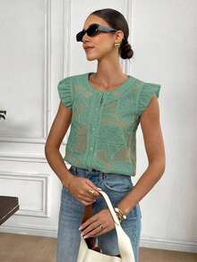 Camisa de mujer con botones y mangas cortas con bordado floral, versátil - Verde - Ver 3