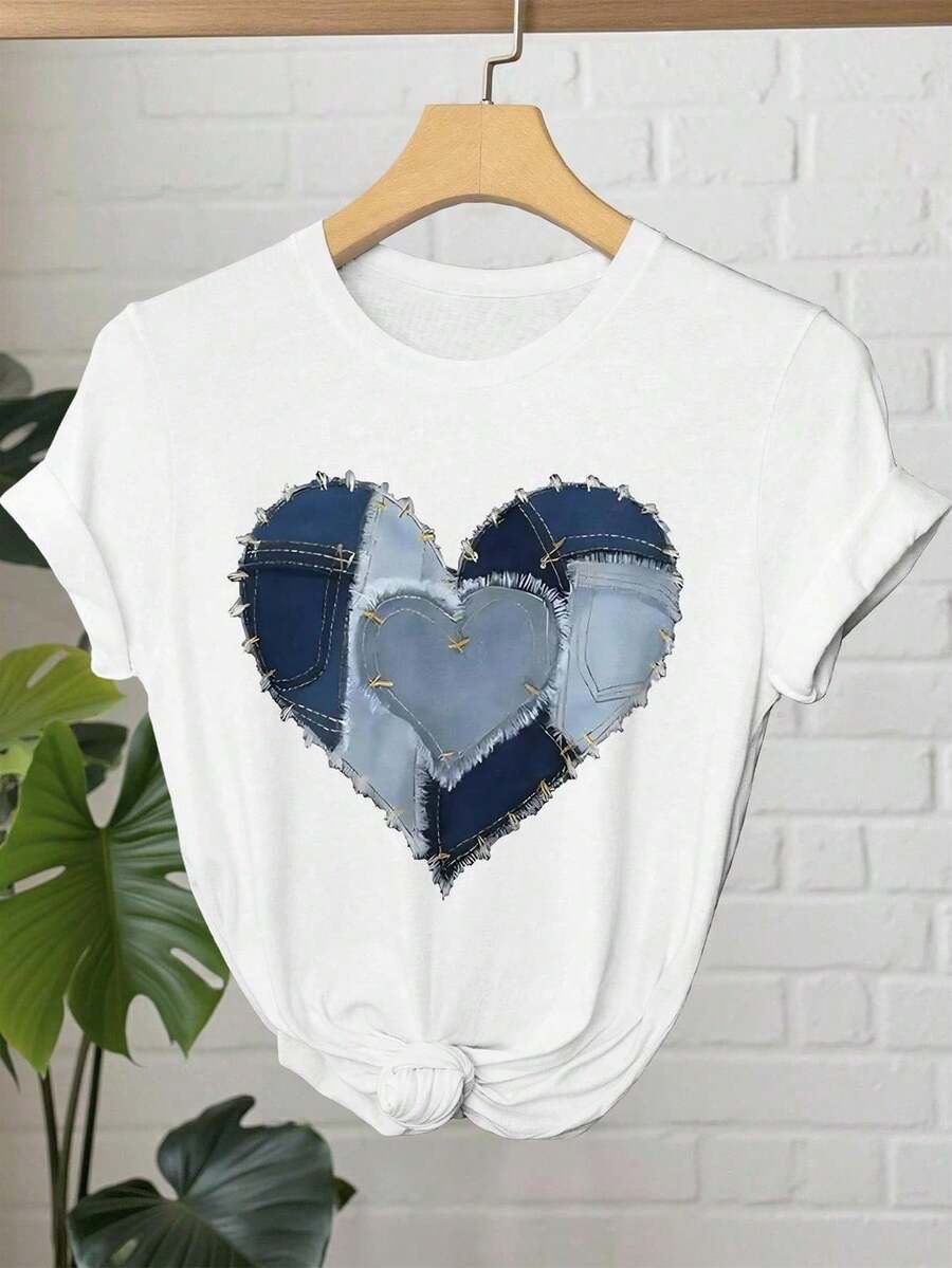 Camiseta de manga corta para mujer con estampado de corazón de parches, apta para uso diario, salidas casuales, fines de semana y vacaciones, estilo relajado, de cuello redondo, confeccionada en poliéster, ideal para primavera y verano. Envío nacional disponible en México. - Blanco - Ver 1