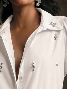 Blusa de manga larga para mujer con adornos de strass verde, elegante para fiestas, casual para ir al trabajo, ideal para primavera/verano, vacaciones y el Día de San Valentín - Blanco - Ver 6