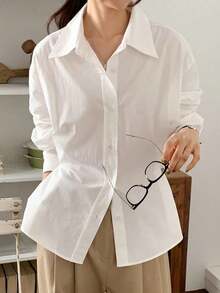 Camisa ajustada con cuello a rayas para mujer, de estilo casual de negocios, color azul, manga larga para primavera/verano/otoño - Blanco - Ver 8