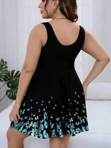 Swim Lushoire Conjunto de tankini de 2 piezas para mujer talla grande con estampado floral, cuello en V y control de abdomen para el verano - Negro 2 - Ver 2
