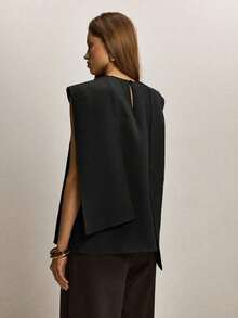 Blusa suelta con bajo asimétrico de unicolor para mujer - Negro - Ver 3