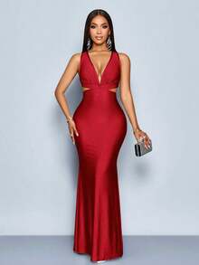 Vestido largo elegante de mujer de unicolor, con cuello en V profundo, espalda descubierta y ajuste entallado en la Bottom tipo cola de pez - Burdeos - Ver 4