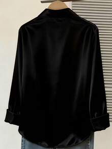Women's Satin Polyester Shirt Collar Long Sleeve Top, Regular Fit Black - Black - View 3