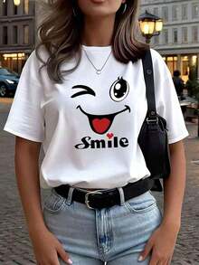 Women's White Short-Sleeved T-Shirt With Round Neck And Cartoon Print, Graphic Tee, Suitable For Summer, Autumn And Winter Outfits. - 白色的 - 查看 10