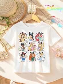 Disney Princess Girls' Short Sleeve T-Shirt, 2-14Y, Featuring Belle Jasmine Ariel Tiana Aurora Rapunzel Snow White Merida Cinderella With Mickey Ears, Cute Character Signatures Print, Casual Summer Tee For Kids, Great For Birthday, Party, School & Daily Wear, Express Delivery - 白色 - 查看 2