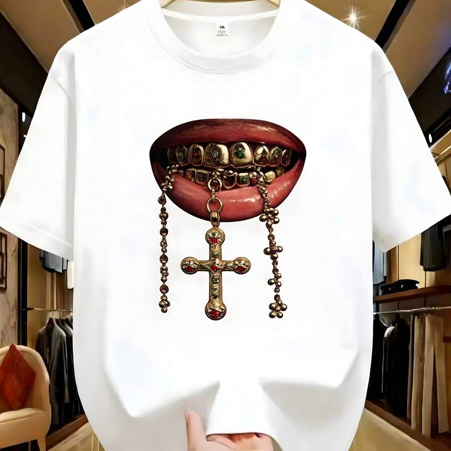 Camiseta con cuello redondo y estampado creativo para mujer, talla grande, informal, de verano, de manga corta, estilo urbano, versátil1 - Blanco - Ver 1