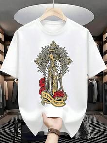Virgin Of Guadalupe Surrounded By A Golden Glow With Intricate Details And Red Roses Symbolizing Love And Gratitude. T-Shirt, 100% Cotton, 220g - 白色的 - 查看 8