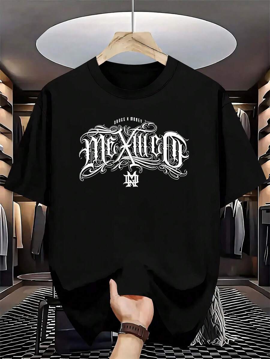 Camiseta de hombre con letra cursiva mexicana estampada, camiseta casual de manga corta con cuello redondo, top ligero para verano y primavera, corte regular con detalle de aplique - Ideal para actividades al aire libre