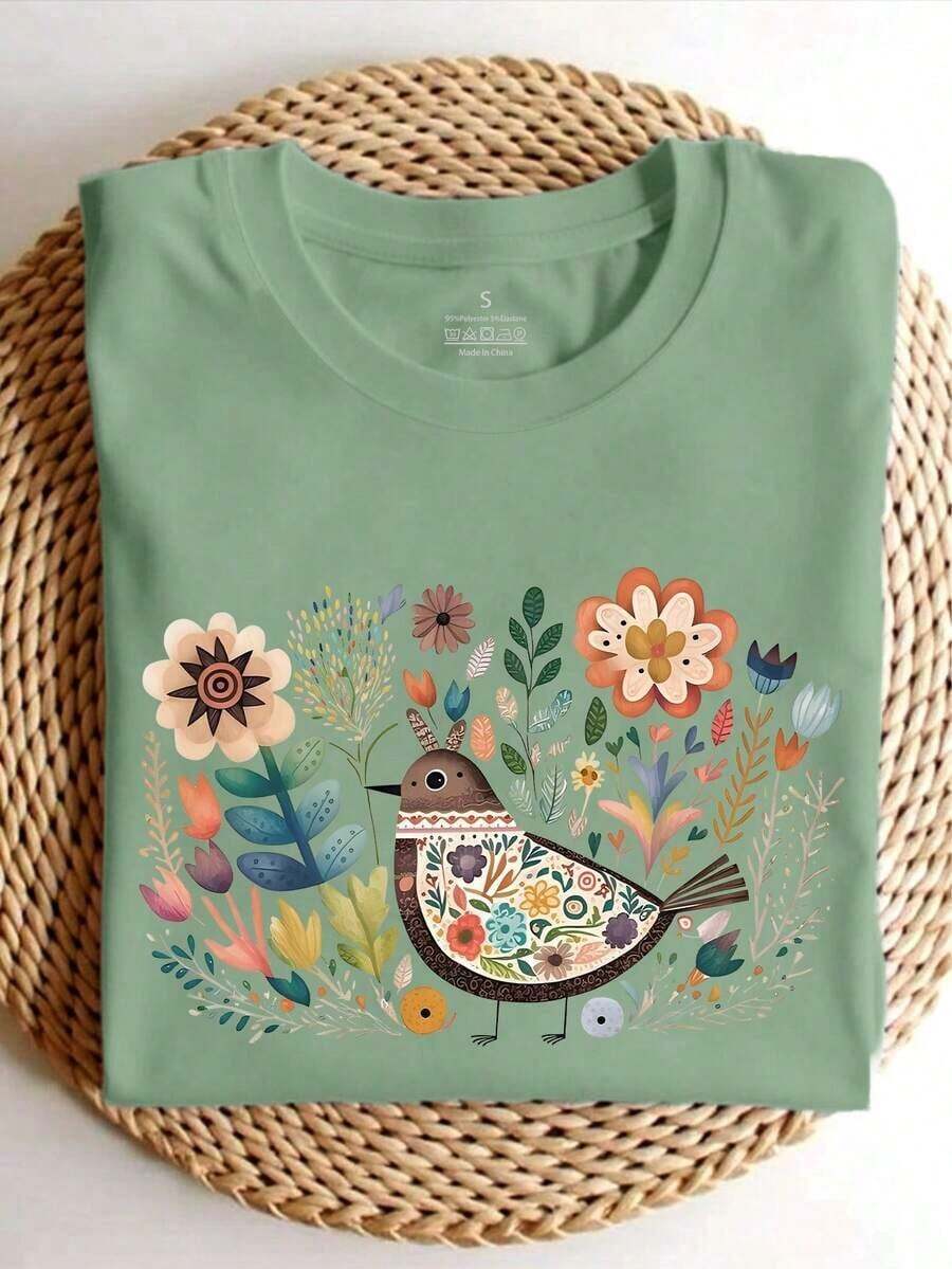 Camisetas de Verano para Mujer, Estilo Boho, con Estampado de Pájaros y Flores, Manga Corta, Cuello Redondo, Casual - verde menta - Ver 1