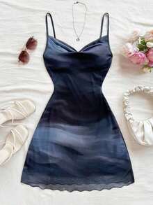 Vestido de tirantes con cuello drapeado y degradado de color para vacaciones de verano en la playa, atuendos de club, vestido sexy marrón otoñal de color café oscuro para mujeres - Multicolor - Ver 5