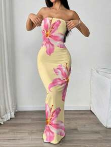 Vestido elegante con estampado floral sin tirantes y ajustado, adecuado para vacaciones - Multicolor 5 - Ver 4