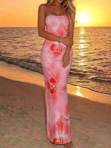 Vestido elegante con estampado floral sin tirantes y ajustado, adecuado para vacaciones - Multicolor 6 - Ver 3