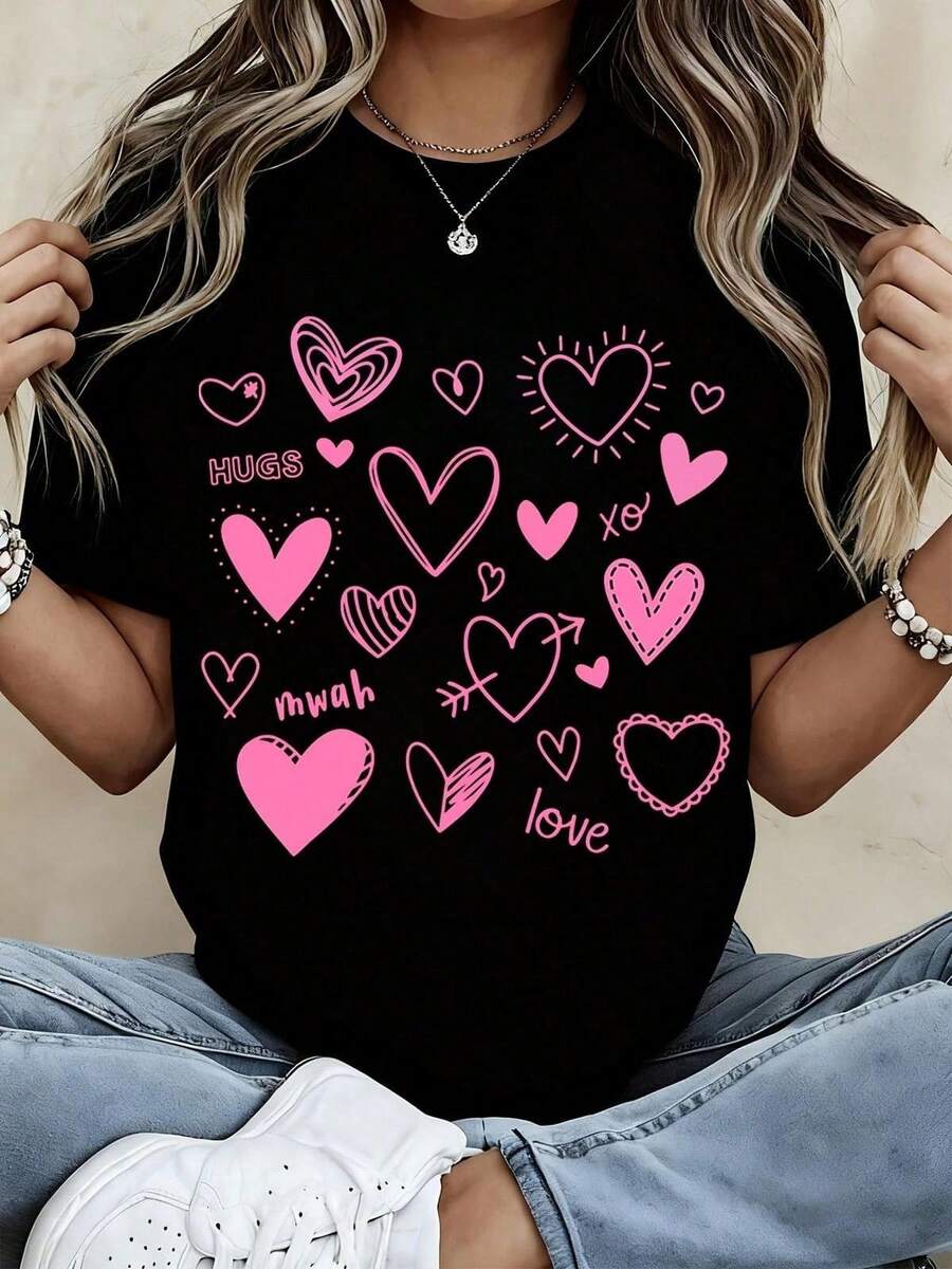 Camiseta de manga corta con cuello redondo para mujer, con estampado de corazones, transpirable y que no provoca sudoración, suave y lisa, de alta calidad, adecuada para deportes y fitness, uso diario, vacaciones, oficina, escuela, fiestas y otras ocasiones diversas. - Negro - Ver 1