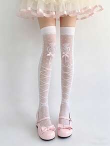 1 đôi tất dài quá đầu gối dễ thương kiểu JK Lolita in họa tiết nơ, mỏng, chất liệu lụa băng, thích hợp mặc hàng ngày trong mùa hè. - trắng - Xem 3