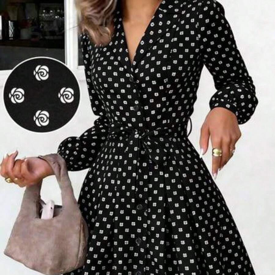 PariChic Women's Elegant Coffee-Colored Long-Sleeved Dress With A Romantic All-Over Rose Print, Featuring A Bow Belt, Front Buttons, And A Stylish Design Suitable For Autumn/Winter, Spring/Summer, Vacations, Valentine's Day Dates, Birthdays, A-Line Silhouettes, And Cute, Romantic Puff-Sleeved Short Dress - Negro - Ver 1