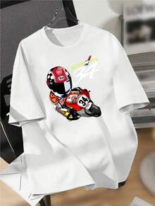 Unisex Short Sleeve T-Shirt With Print, Round Neck And Comfortable Casual Design For Running, Plus Size - 白色 - 查看 6