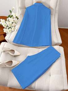Conjunto casual de 2 piezas de chaqueta de manga larga con cuello moteado de un solo botonadura y pantalones cortos de unicolor para mujer, primavera - Azul - Ver 3