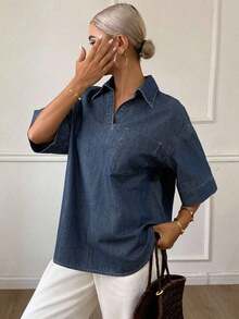 Chaqueta vaquera de ajuste holgado y casual para mujer, nueva colección de otoño - Azul - Ver 4