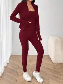 Conjunto deportivo de 3 piezas para mujer: Cárdigan de punto con cremallera + Camiseta + Pantalones en color negro - Burdeos - Ver 3