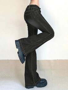 Jeans acampanados con bolsillos para mujer, estilo casual de otoño y primavera - Gris Oscuro - Ver 4