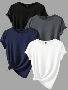 4 piezas Camisetas de manga corta de unicolor casual para mujeres - Multicolor 5 - Ver 3