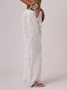 Resort - Pantalones de Ganchillo de Pierna Ancha con Lentejuelas para Mujer, Estilo Boho Ibiza, Elegantes para Vacaciones de Verano en la Playa - Celeste - Ver 9