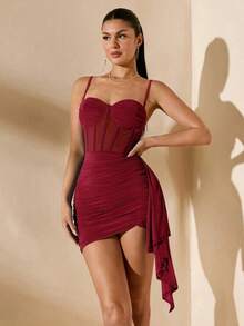 Vestido mini de mujer ajustado con corte en la cintura y busto fruncido en color azul grisáceo sólido para el verano - Burdeos - Ver 4