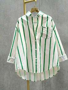 Camisa casual de mujer con bolsillo, hombros caídos, estampado de rayas verdes y parches, para primavera - Multicolor - Ver 4