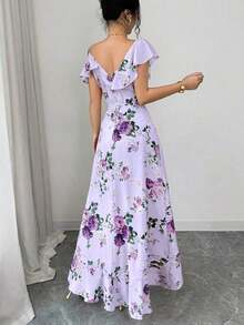 Vestido largo rosa de estilo retro romántico para mujer, con estampado floral, cuello oblicuo, volantes en el bajo e bajo irregular, ideal para vacaciones en la playa, reuniones diarias, citas y fiestas - Morado - Ver 2