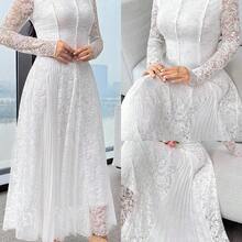 Women's Elegant Contrast Lace Pleated Waist Long Sleeve Dress - Blanco - Ver 3