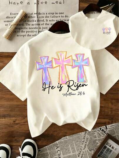 Camiseta con estampado de cruz y versículo bíblico en acuarela para niñas, top casual cómodo y transpirable para la iglesia en verano