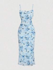 Vestido de mujer con estampado de mariposa rosa, romántico y lindo, para brunch, invitada de boda de otoño, vestido de regreso a casa, vestido para cita nocturna, vestido de graduación, vestido de mujer para boda - Azul - Ver 5