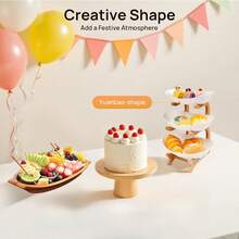 3-Tier Servierschalen mit Ständer, Dreistöckige Obstschale mit Natürlichem Bambus Holz Stand, Snack Dessert Kuchen Tablett Teller Rack für Party Hochzeit, Holz, Weiß - 1 - Übersicht 4