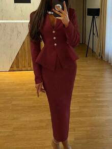 Set de 2 piezas Traje formal elegante de negocios: Blazer + Falda con abertura en el bajo - Burdeos - Ver 4