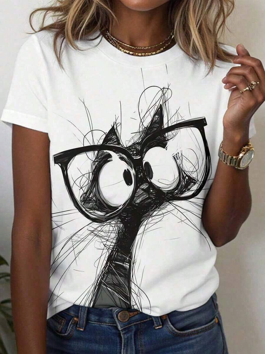 Camisetas estampadas de moda para mujer, tops de estilo urbano de gran tamaño, camisetas de verano cómodas y elegantes que combinan con todo. Algodón suave. Camiseta de mujer casual de cuello redondo y manga corta con estampado. Camiseta de algodón transpirable, combina con todo. - Blanco - Ver 1
