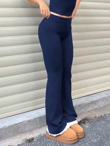 Pantalones Casuales de Mujer de Color Sólido, Cintura Ancha, Corte Ajustado, Plisados, para Primavera - Azul Marino - Ver 5
