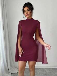 Vestido de capa ajustada con cuello mao de unicolor - Burdeos - Ver 4
