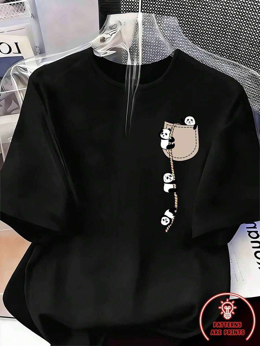 Patrón de cuerda de escalada de panda, regalo elegante y bonito para fiestas deportivas, suave, lavable a máquina, elástico, camiseta de cuello redondo de manga corta para el hogar.