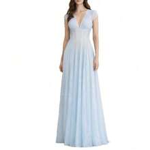 Vestido largo de mujer de moda en color sólido con cuello en V estilo té suave para primavera y otoño - Celeste - Ver 1