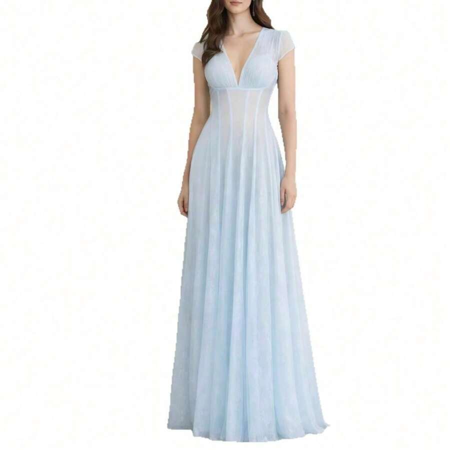 Vestido largo de mujer de moda en color sólido con cuello en V estilo té suave para primavera y otoño - Celeste - Ver 1